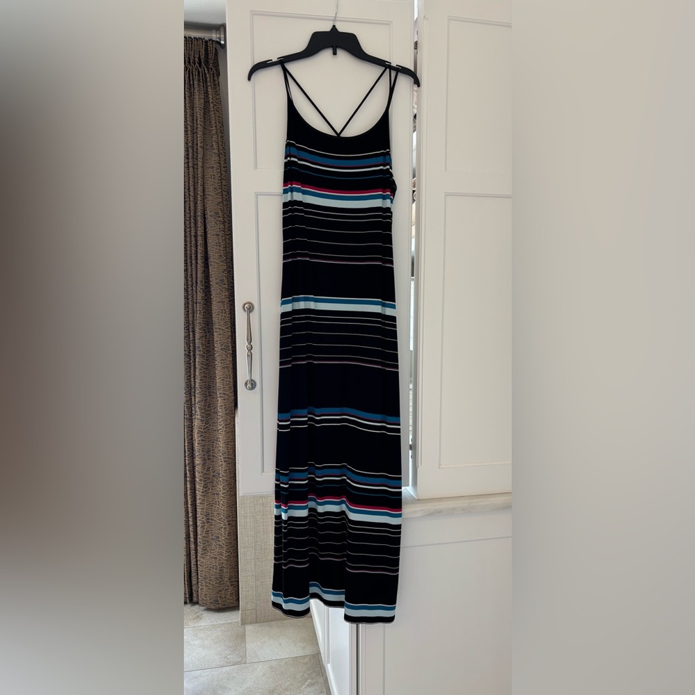 WHBM maxi—dress. Spaghetti straps. Black w turquoise and pink stripes. Size S.